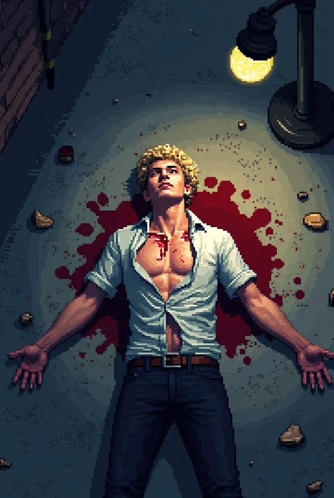 Pixel art of Dominic Larkstone, a 22-year-old student, lying dead on the ground. His body is sprawled out, lifeless, with light blonde hair disheveled around his face. There is a large pool of blood beneath him, and his shirt is torn off, exposing deep sta...