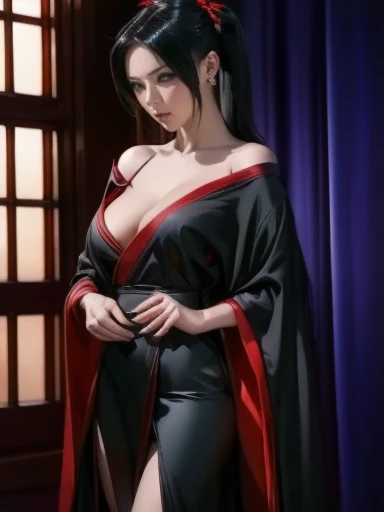 arafed woman in a   black and red dress and black stockings,   black and red silk clothes  , Relaxed Kimono, Relaxed Kimonos, dark Relaxed Kimono,   flowing magic robe , Ariana Grande plays the role of the Sith, Wearing black Sith robes, Floating Robe,   b...