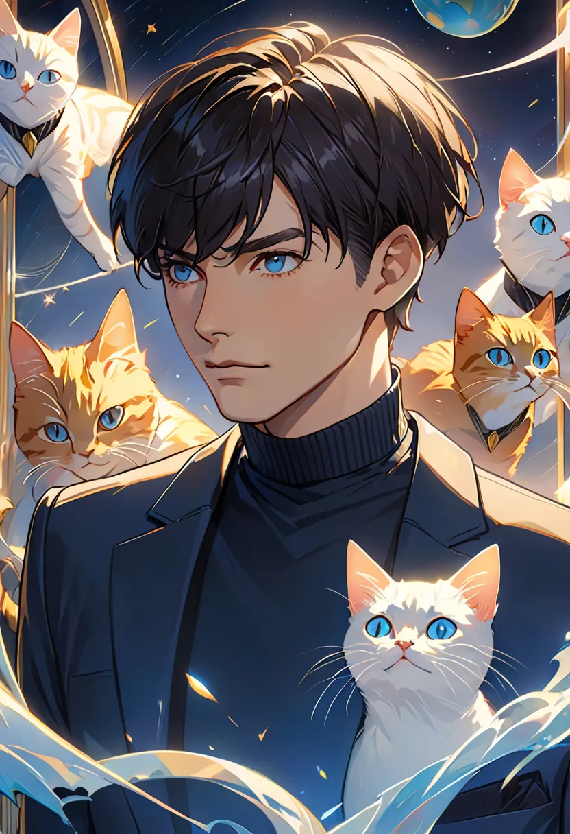 Closeup of a short-haired man in a suit 。 wearing a blue shirt and a black turtleneck t-shirt。, Eve Ryder, Star Trek,  Portrait of a cat character riding, Double Al Set,  details, Award-winning,  surreal