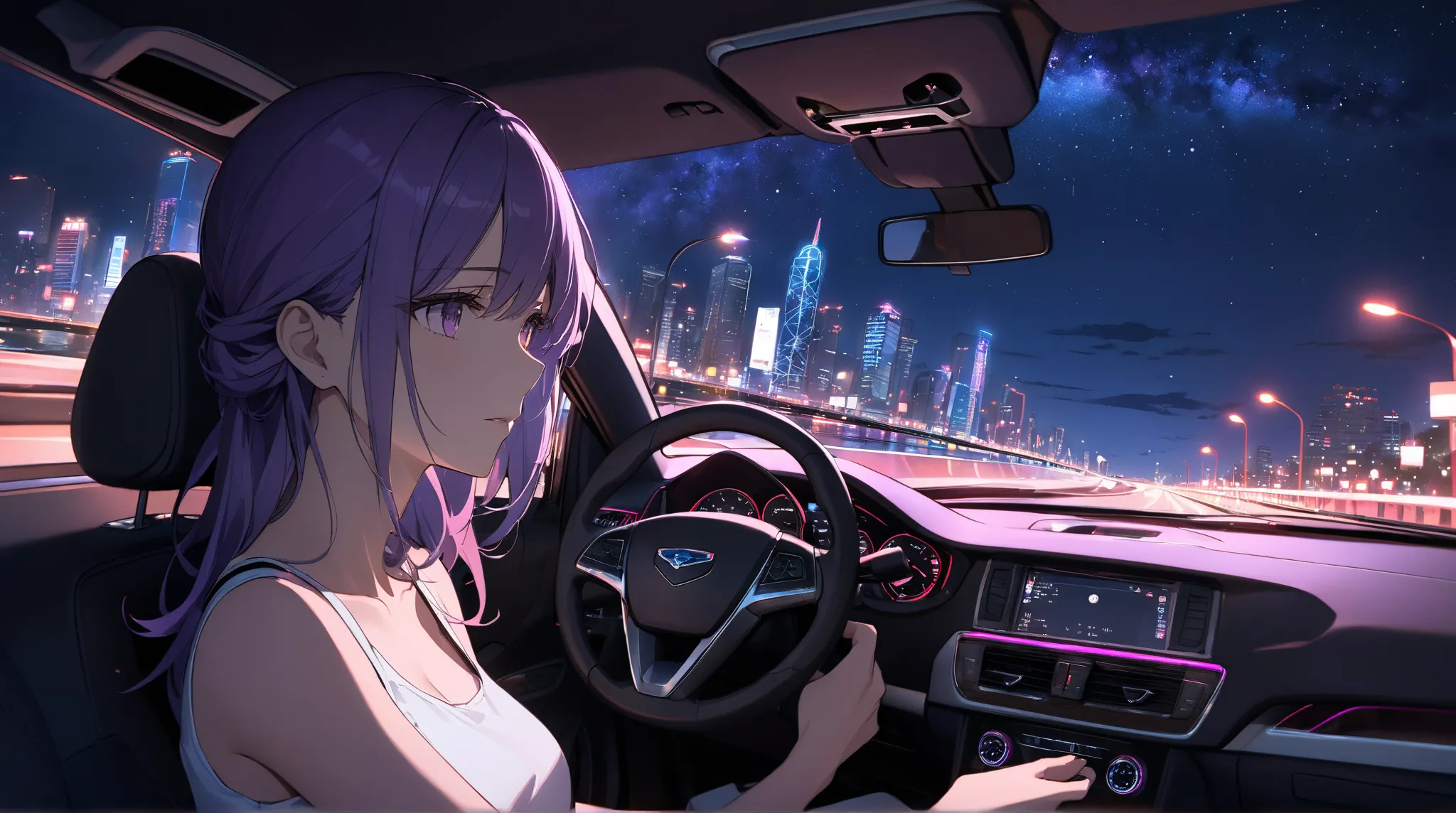 cars run along the guardrail by the sea、女性は車えを in a car at night"Anime-style figure of a woman with long purple hair with pink highlights, . 、 I can clearly see my face , Softly lit by dashboard lights. She has a calm and introspective look.I'm behind the ...