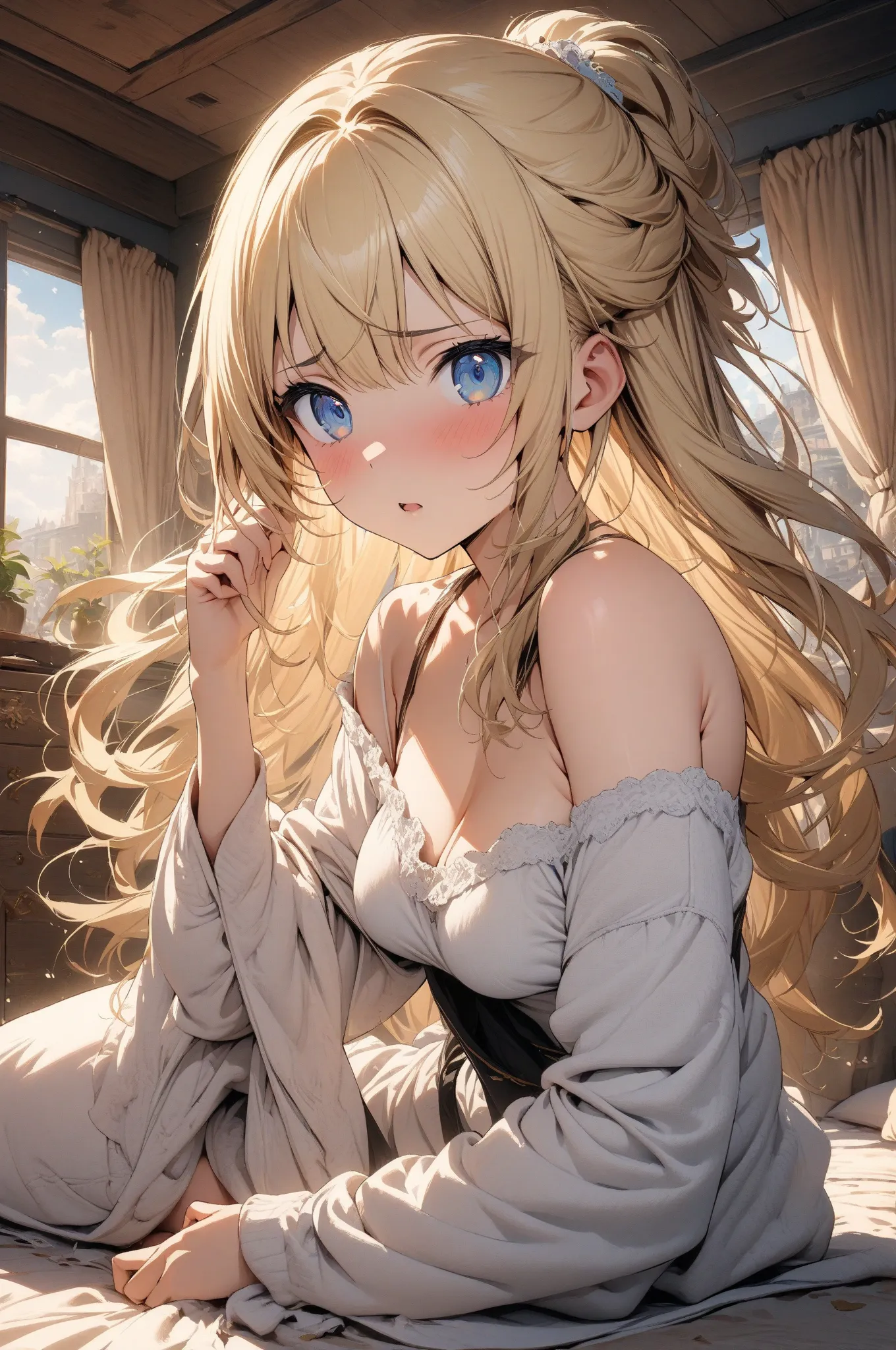 (masterpiece, detailed:1.2), One Girl, Princess, (18-years old), blonde half updo, Medium Breasts, sky blue eyes, BREAK, Highest quality, off shoulder,  Fullbody, in her room