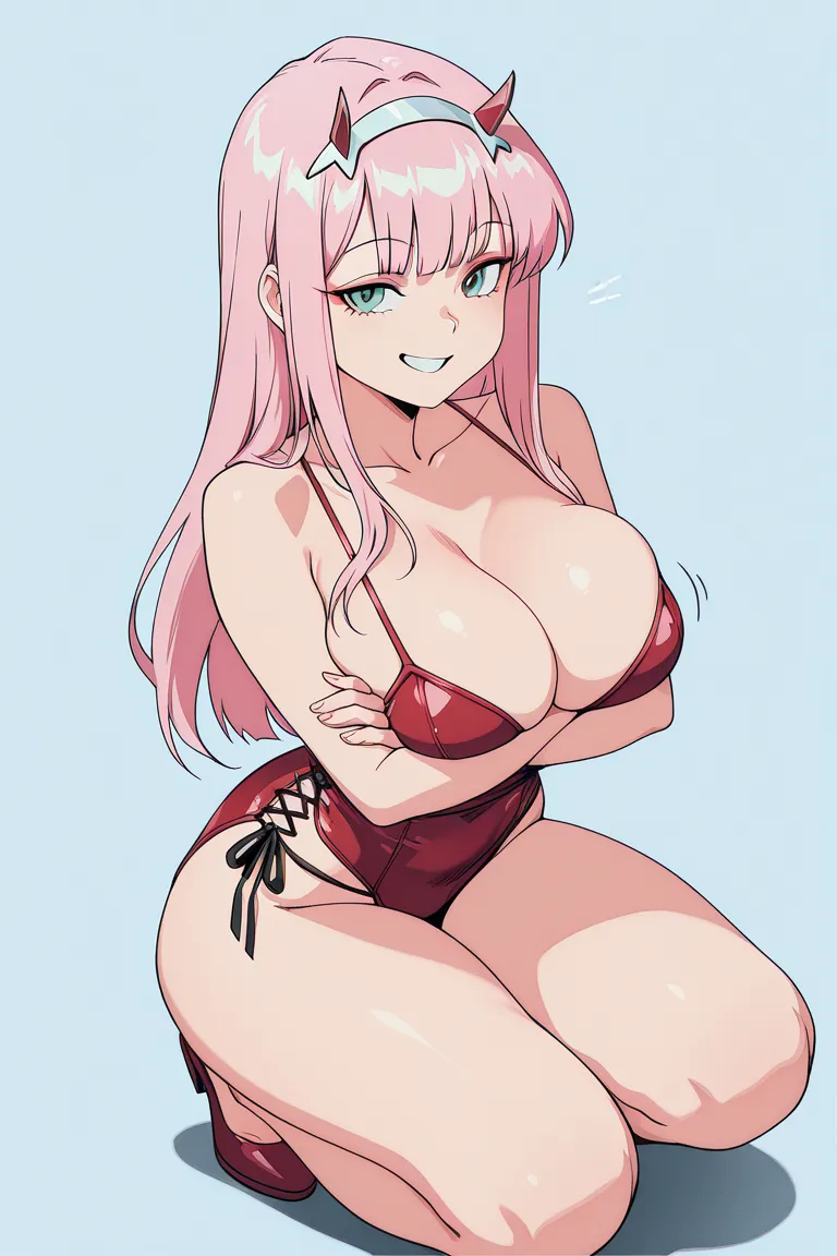 masterpiece, the best quality, 4k, HD,  a woman, alone, zero two stop de frente, looking at the spectator, full body,  sexy look , big breasts, crossed arms,  smiling,  defined lines , stop,  Simple background , fondo blanco, 