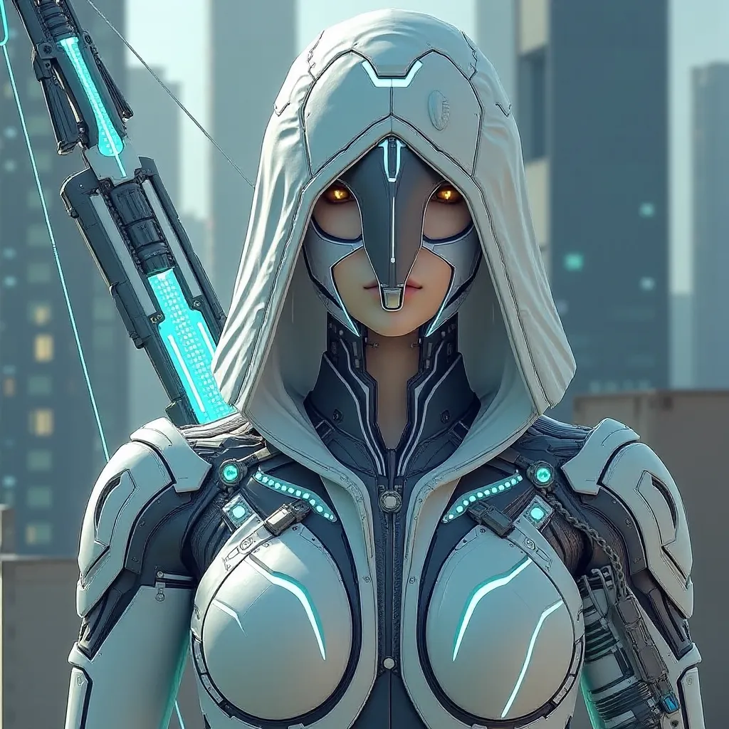 A mysterious futuristic female android with white panels serving as armor and hooded while equipped with a futuristic bow and arrow