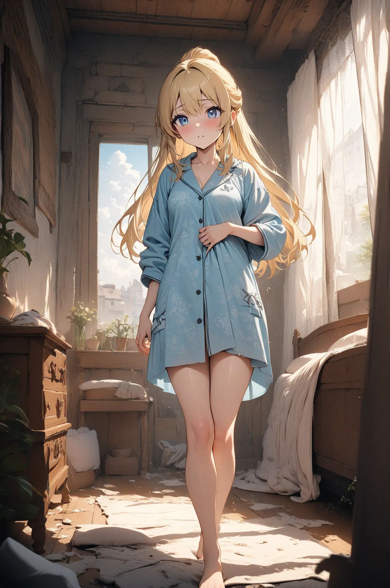 (masterpiece, detailed:1.2), One Girl, Princess, (18-years old), blonde half updo, Medium Breasts, sky blue eyes, BREAK, Highest quality, room wear, Fullbody, in her room