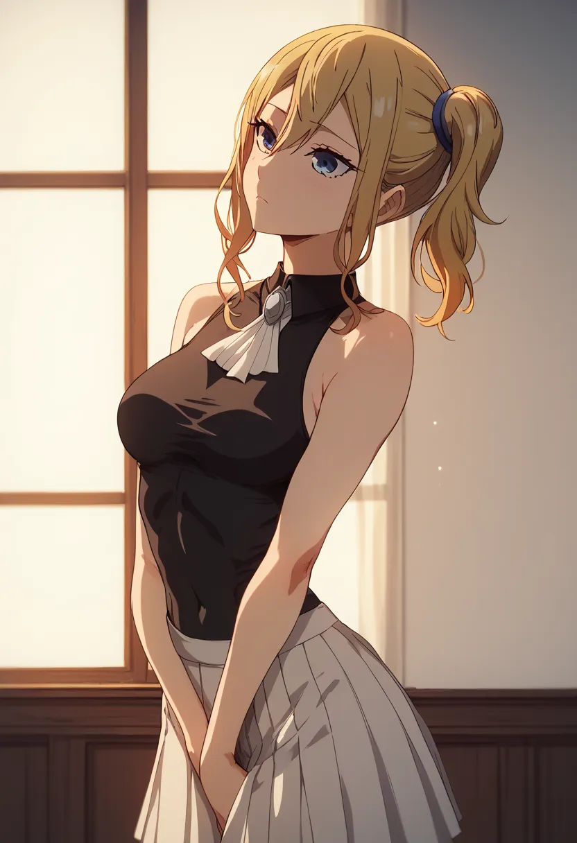 Hayasaka Ai, sleeveless, black through leotard, sexy, average breast size, skirt, folded her arms under her chest 