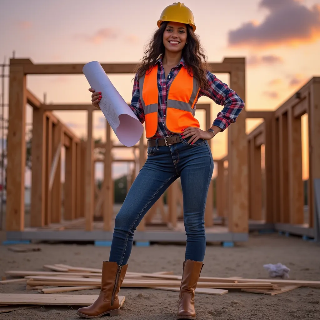 A confident Latina woman dressed as a construction engineer, wearing a yellow helmet, safety vest, and sturdy boots. She holds blueprints in her hand and stands with a strong and determined pose, her full body visible. The background features an active con...