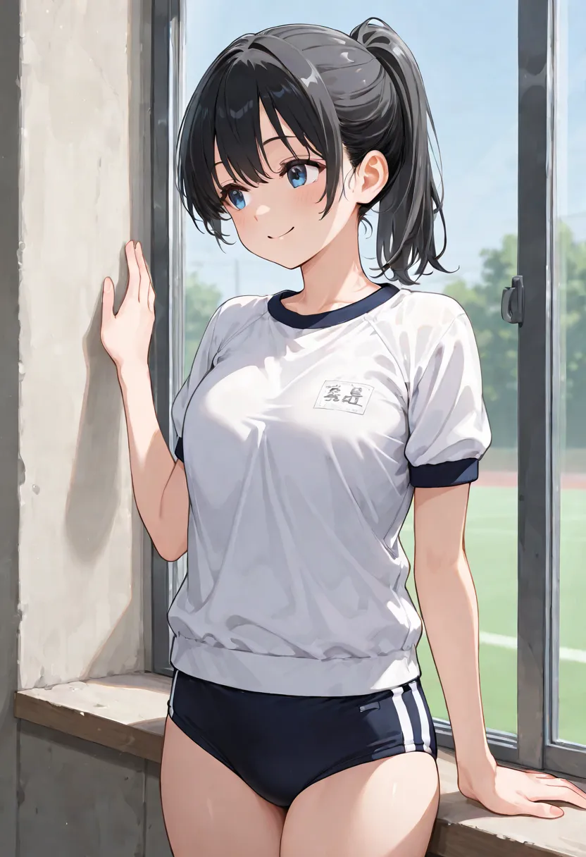 one girl,black hair ponytail, gym clothes,smile,head out the window,semen