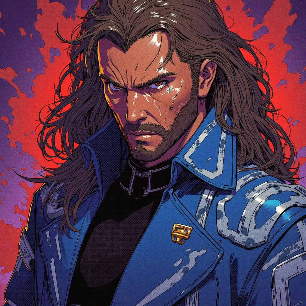 A man in his 28s, clean shaved, anakin in episode 3 like hairstyle, long hair, brown hair, wears a royal jacket, the jacket has a high neck and is clear blue with white details, the man has an arrogant looking face, machiavelous aura, digital art, evil fac...