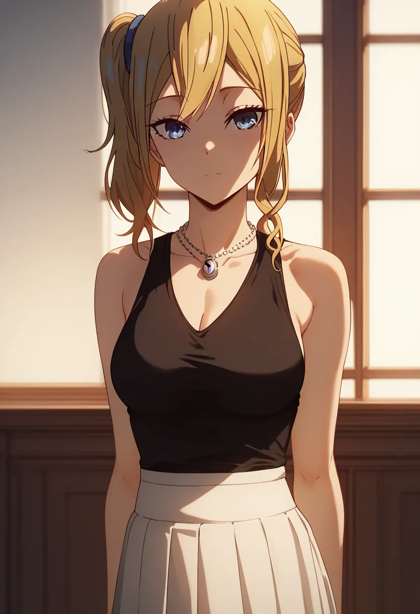 Hayasaka Ai, sleeveless, black top, sexy, average breast size, skirt, folded her arms under her chest 