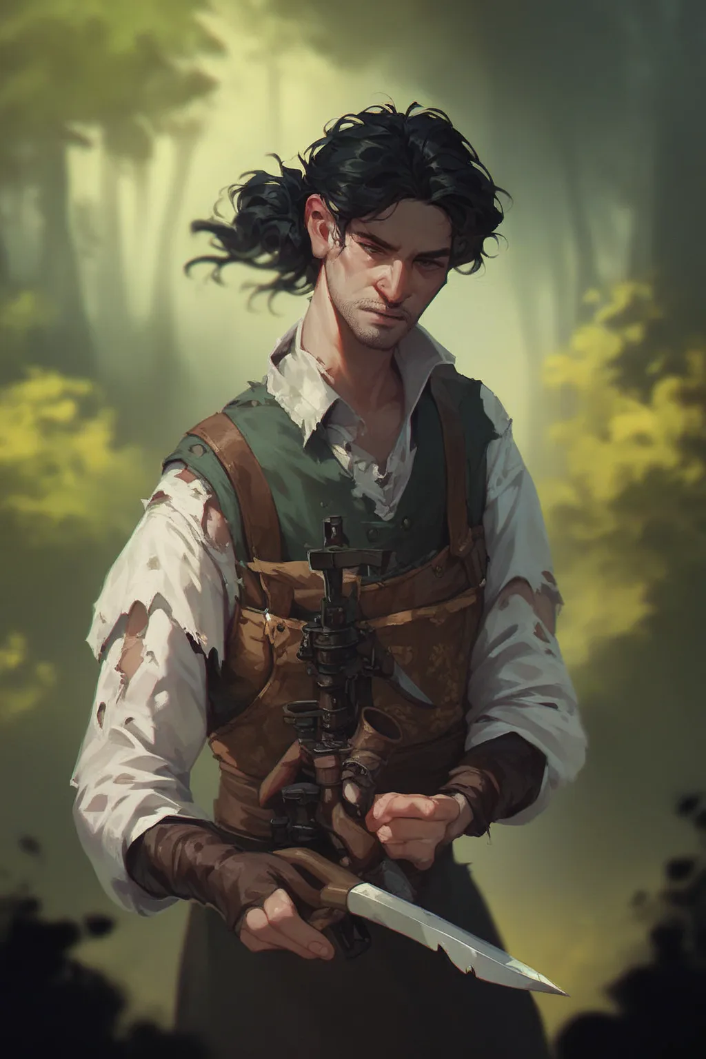 ((male)), ((robber with crossbow and dagger)), black hair,  human, in medieval poor torn clothes, thug , (blurred background). against the background of a scary dense forest.