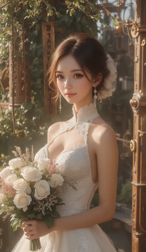 Top Quality, Super quality, 16k, incredibly absurd, very detailed, 2.5D, delicate and dynamic, Kiri Reina female, seductive smile, pure white wedding dress, amazing style, bouquet, Steampunk, dieselpunk , clock punk , Cyberpunk, Glitter effect,(hanging ...