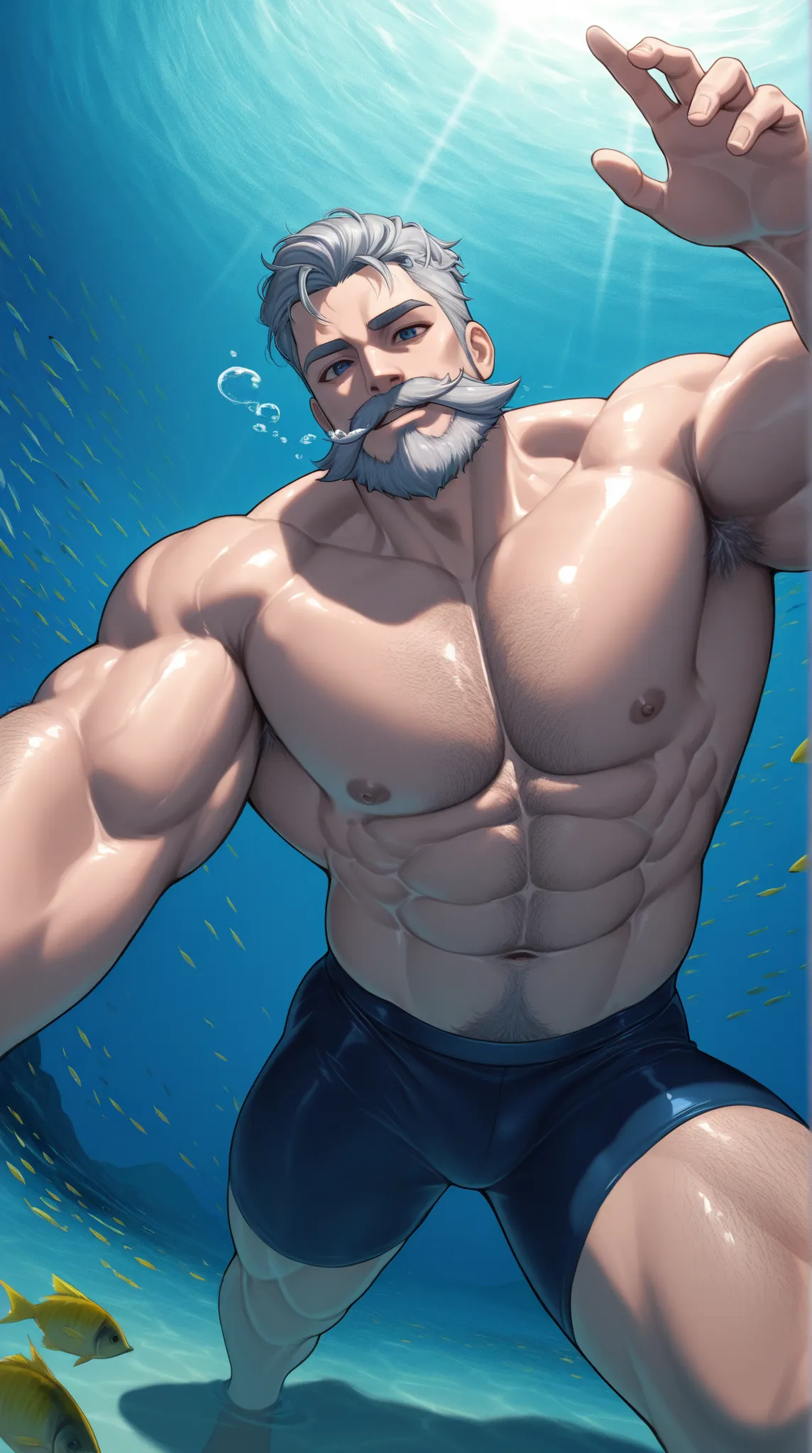 "A thrilling, dynamic underwater perspective of a huge muscular bodybuilder middle-age man entering a deep, clear lake. The image is captured slightly from below the water’s surface, showing a unique view of the man’s lower body as he begin to plunge into ...