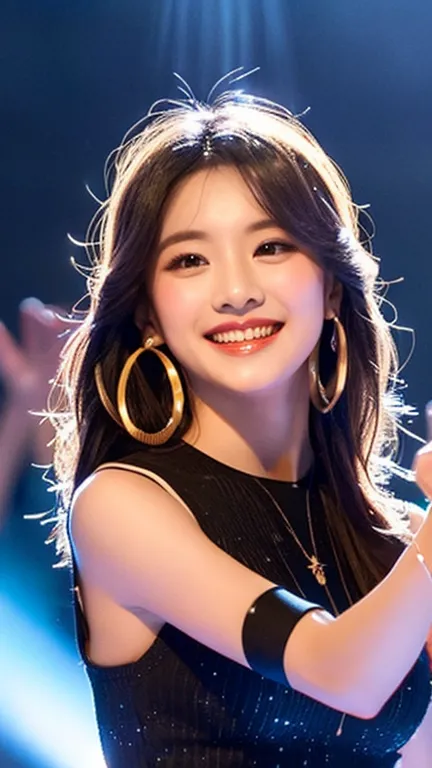 Three young asian female artists stand on the concert stage, illuminated by dazzling lights, radiating an aura like musical angels. The girl on the left has a soft, sweet face with large, sparkling eyes and a bright smile that reveals small dimples. Her lo...