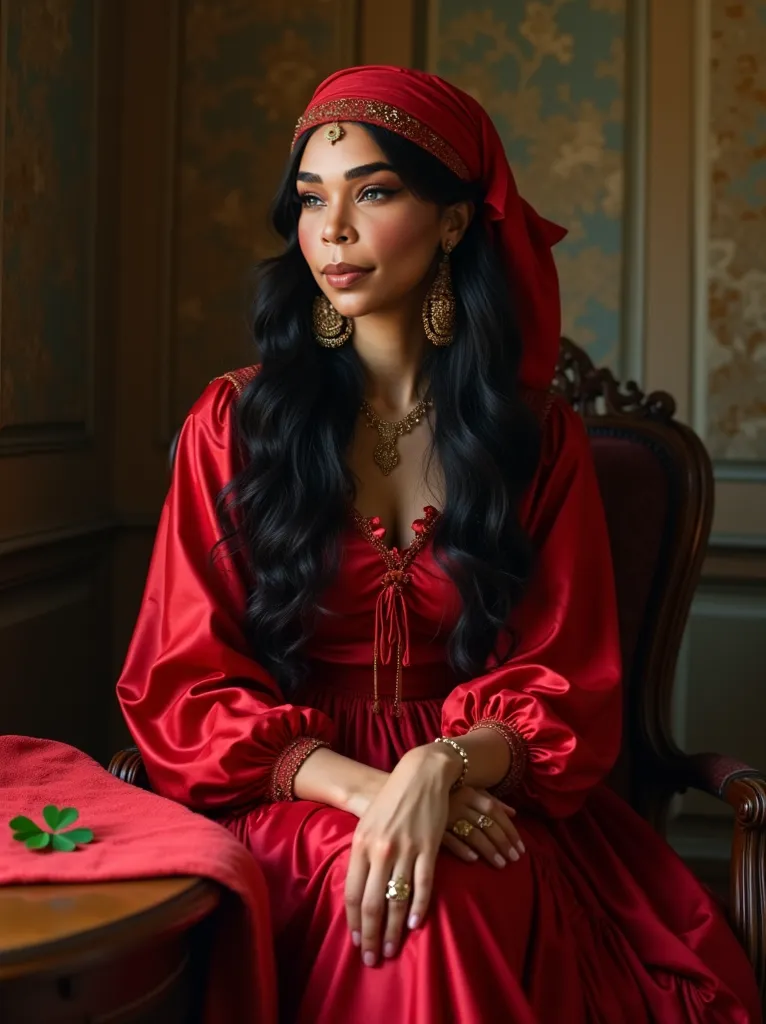 A scenario that carries the gypsy soul, a gypsy, With gypsy costumes, black hair, long and wavy, with volume, Gypsy red blouse, round skirt with seven voluminous ruffles, golden earrings, red satin headscarf, Sitting on a chair with a table in front of you...