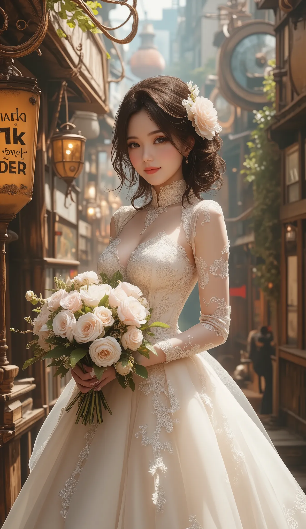 Top Quality, Super quality, 16k, incredibly absurd, very detailed, 2.5D, delicate and dynamic,  Kiri Reina female, seductive smile, pure white wedding dress, amazing style, bouquet, Steampunk,  dieselpunk ,  clock punk , Cyberpunk, Glitter effect,(hanging ...