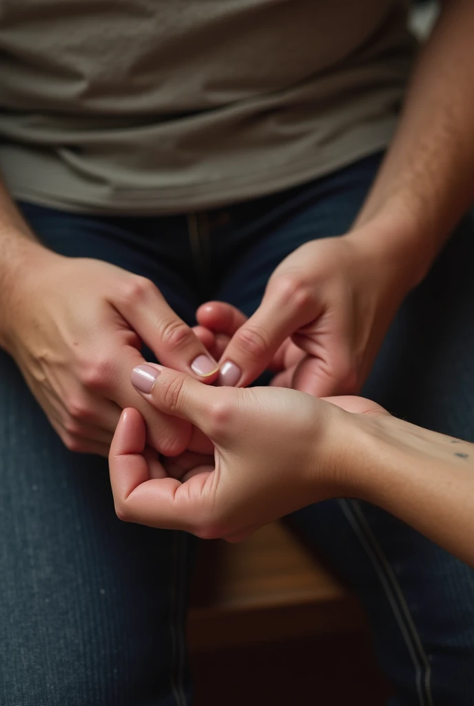 A woman ties a young man's hands and cuts off the foreskin of his penis.