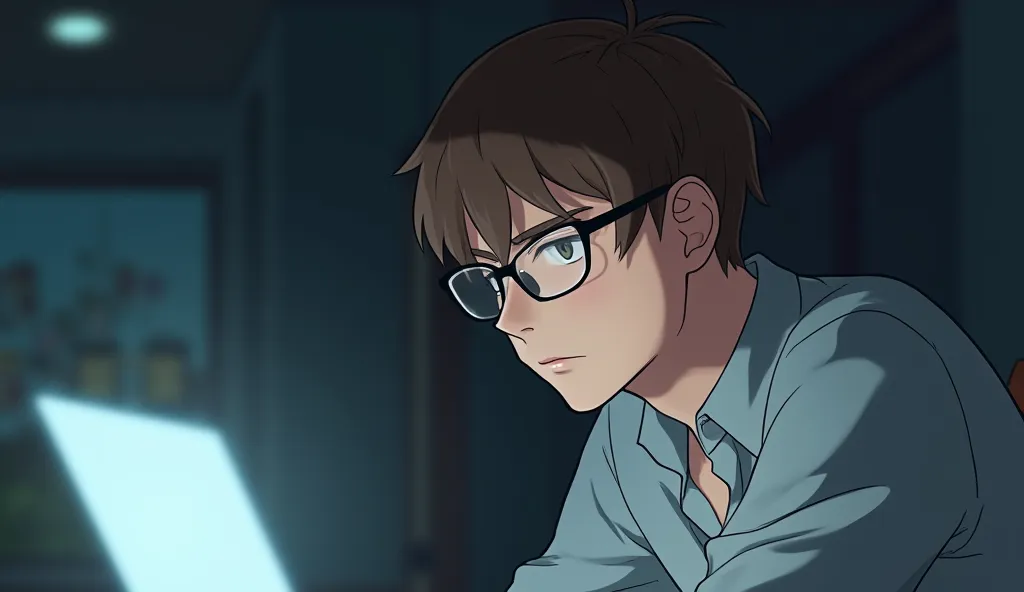 young man, short brown hair, well combed hair to one side, wear glasses, square jaw, sitting ,laptop, close up, anime