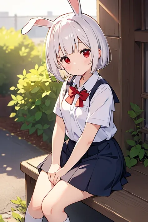 rabbit ears, ((distance from the viewer)), red eyes, chubby, cute aspect, innocent face, white short hair, school uniform,, beautiful outdoor, peaceful, lonely, warm tones