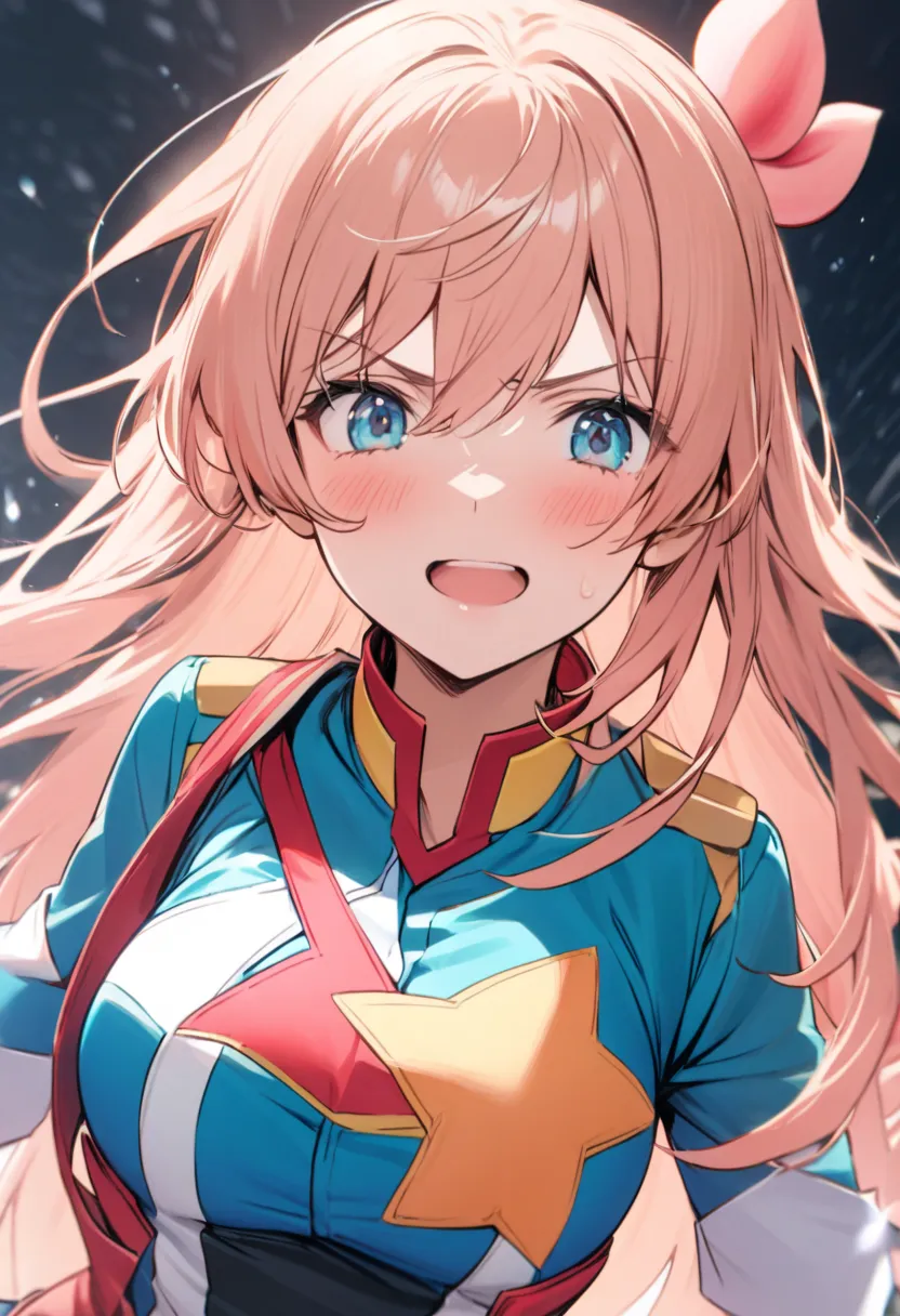 Woman, peach colored long hair, wearing hero uniform in aqua