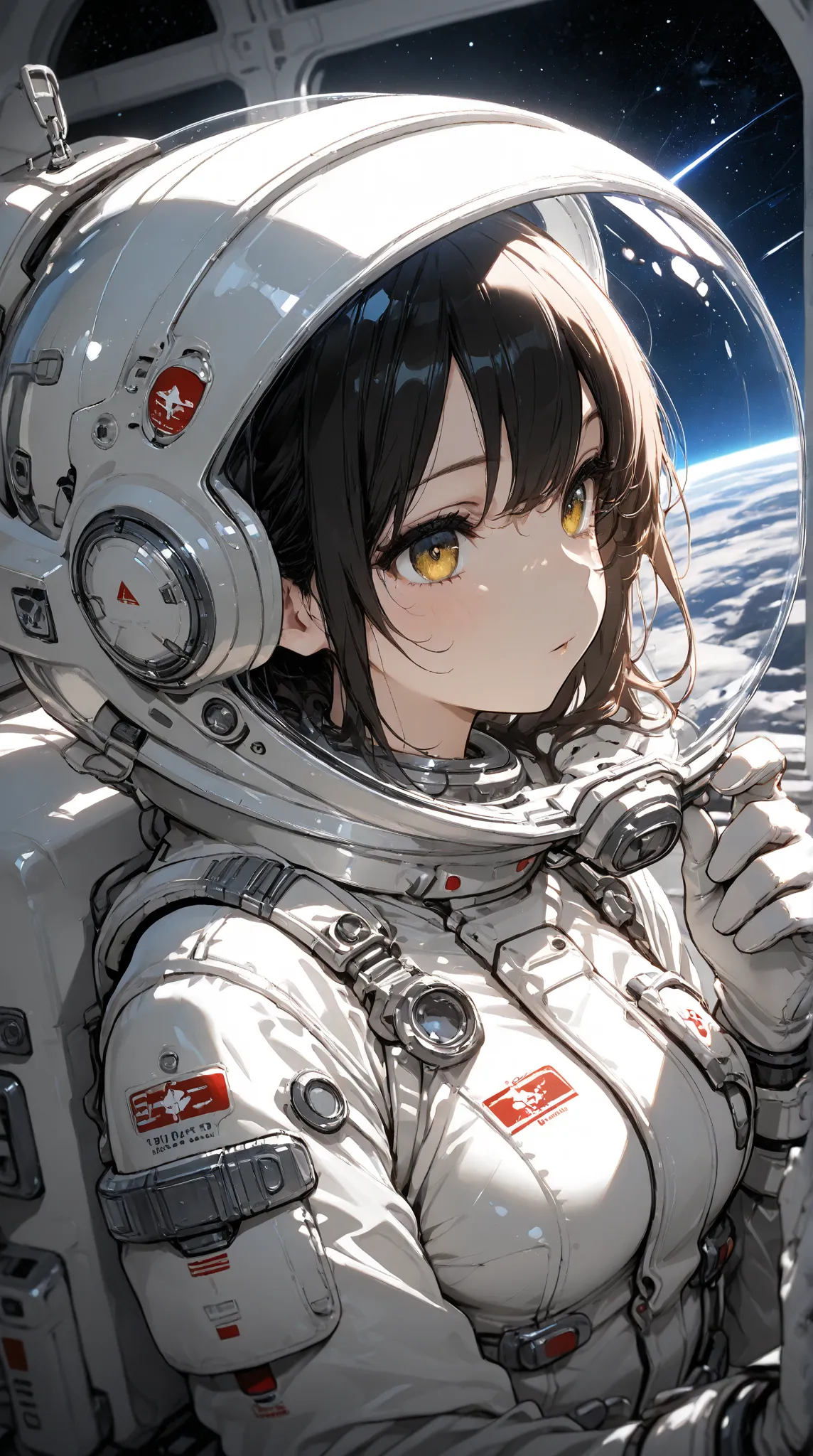 a female cosmonaut taking  in very beautiful space. She has a white spacesuit, and white gloves, and her head is inside a transparent helmet, masterpiece, best quality, highly detailed face, perfect lighting, 