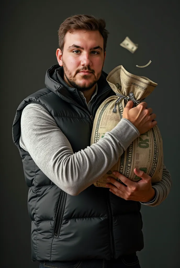 create a high-quality photograph of me taken with a Canon EOS R5 camera, male, 30 years, like a successful trader wearing a puffer vest, hugged with a giant money bag, Falling dollars out of the bag, approximate photo