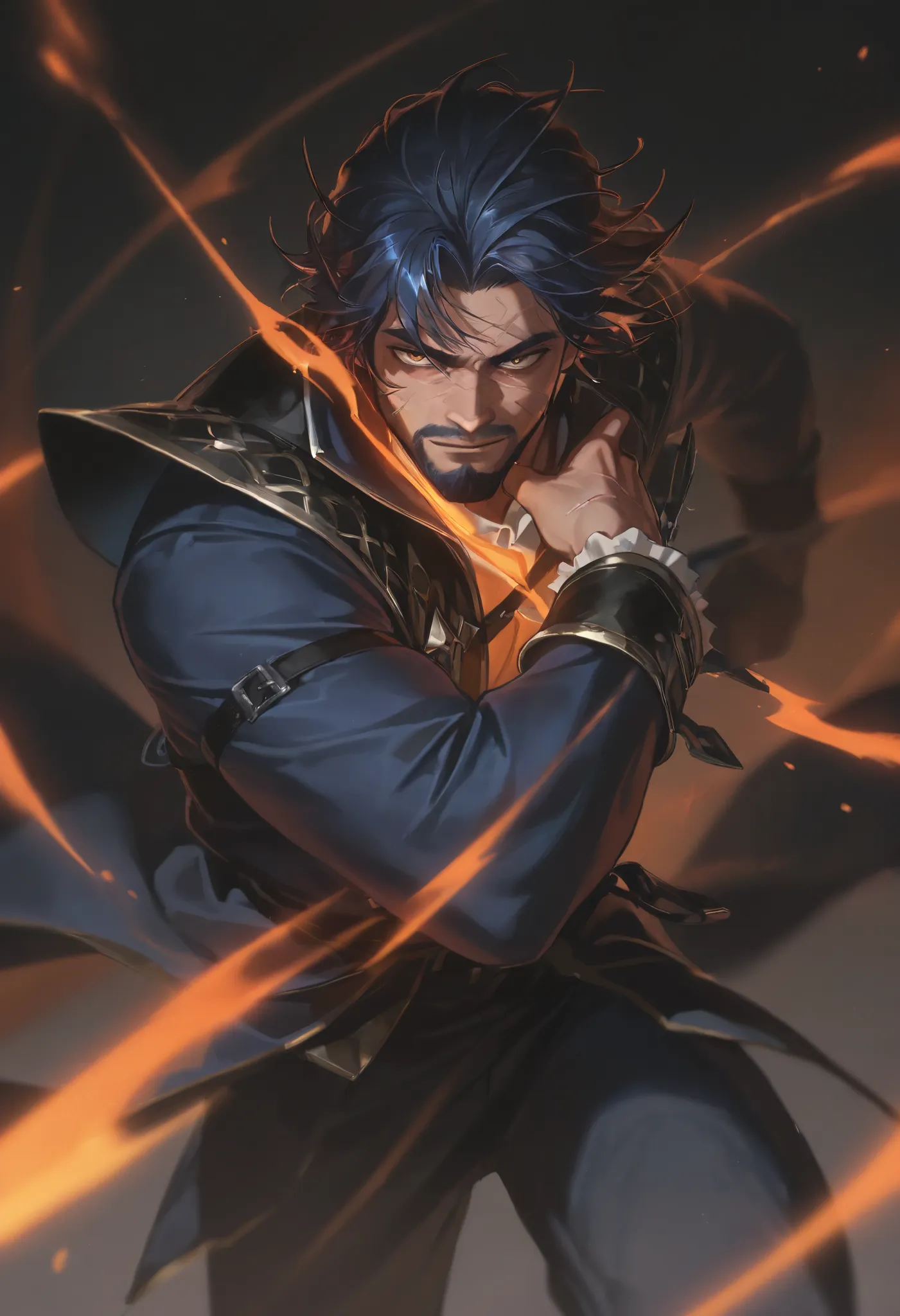 Score_9, Score_8_up, Score_7_up, Score_6_up, \(quality\), L0LSPL4SH, year2024, year2023, 1male, mature male, facial hair taller frame, dark blue hair, scars on the face, cruel gaze, wearing a prissioner outfit, orange outfit, L0LSPL4SH,
