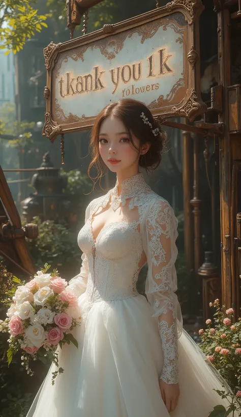 Top Quality, Super quality, 16k, incredibly absurd, very detailed, 2.5D, delicate and dynamic, Kiri Reina female, seductive smile, pure white wedding dress, amazing style, bouquet, Steampunk, dieselpunk , clock punk , Cyberpunk, Glitter effect,(hanging ...