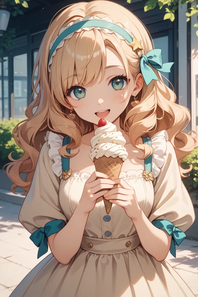 “A manga-style anime girl with a bright, cheerful smile, holding a three-scoop ice cream cone. She has beige, medium-length wavy hair with no bangs and wears a cute headband. She is dressed in a beige one-piece dress. The background is adorable and matches...