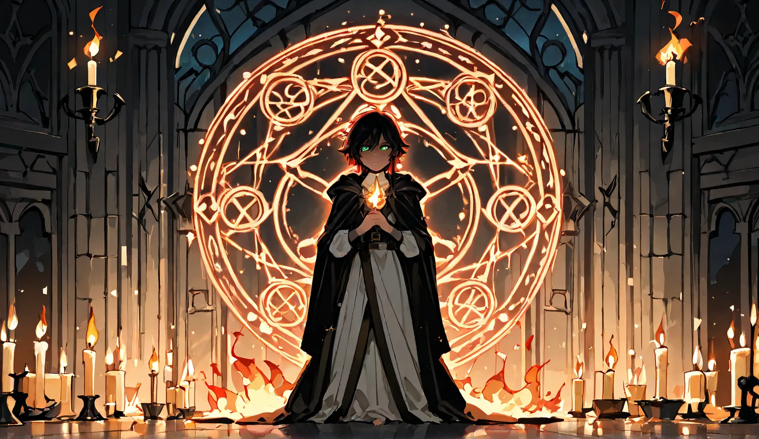 "A dimly lit room shrouded in mystery, with a massive glowing magic circle intricately drawn on the floor. The flickering light of numerous candles illuminates the space, casting eerie shadows on the ancient stone walls. The air is thick with a mystical au...