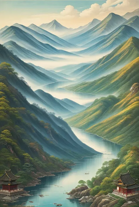 masterpiece, best quality:1.2, Spectacular landscape painting, Close up portrait of , Inspired by a Thousand Mile Rivers, Fushikora Mountain Residence Map, Expression techniques of cirrus clouds, Flat Illustration, Traditional Chinese painting,  Chinese la...