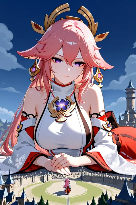 Genshin impact Yae miko. Foregroung objects. In a valley. Giantess. Lying on her side behind some castles. People on the streets. Shiny hair. Cold serious expression.