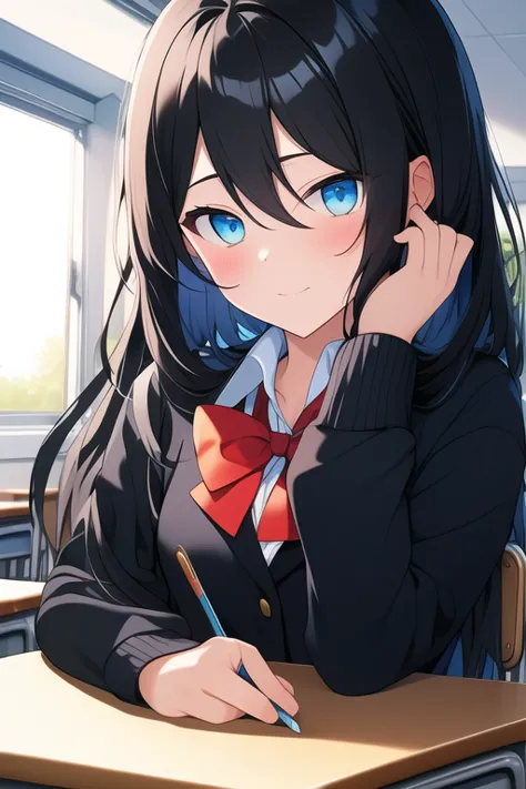 (( top quality)), ((  Masterpiece )), (  Details)
(((BLACK long hair BLUE inner hair)))
blue eyes
Front cover
school uniform、classroom