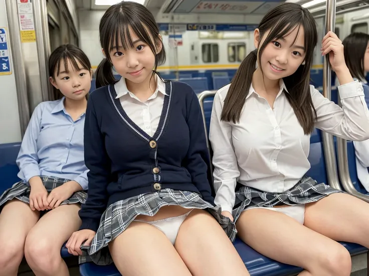 nsfw, Top Quality、 masterpiece、super high resolution、(( on a busy commuter train))、(realistic:1.4)、RAW photo、very detailed、very detailed skin、physics-based rendering、((Two female middle school students are sitting in train seats))、 middle school uniform、(N...