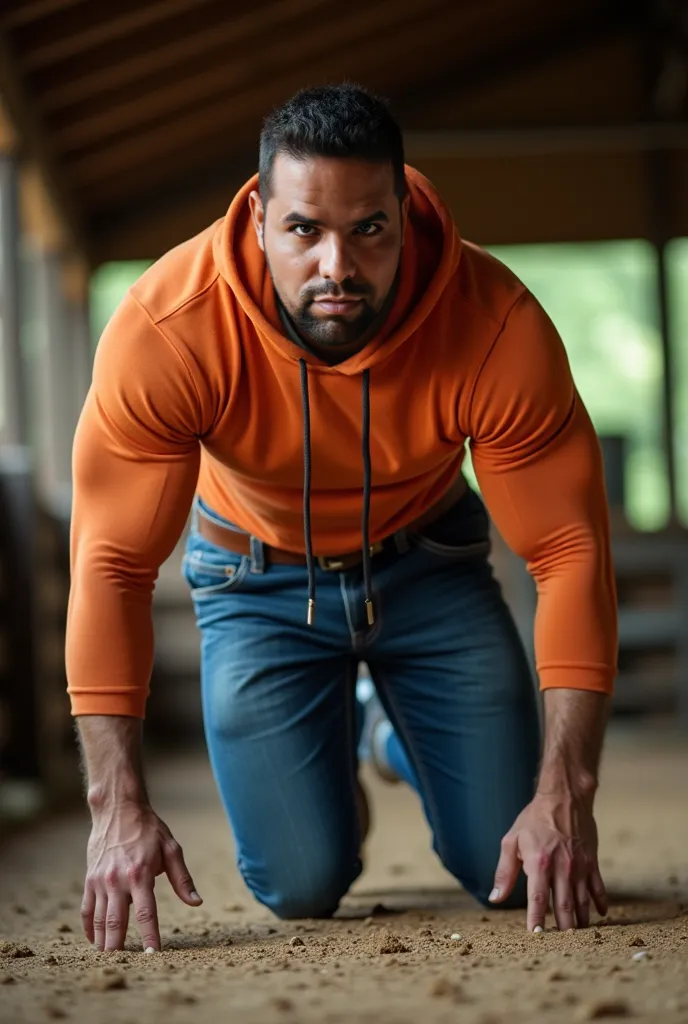 clear photo, no blur, realistic, 35-year-old muscular (((athletic man))) backside crawling on the floor nalgon  on his back, focused body, view From below,  on his back, orange hoodie and tight blue levis jeans, brown belt, in profile, Big butt, viendo a c...