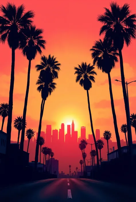 8k, masterpiece,  silhouette illustration, Los Angeles City ,  palm trees,  perfect writing, No_humans, No_Cars,