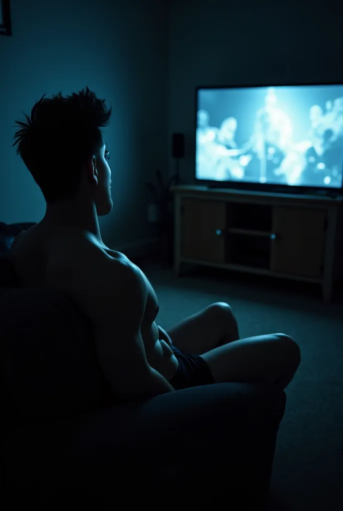 Il a les cheveux,noir, décoiffe,Il est torse nu,en boxer,noir,pieds nus,assis sur un canapé la nuit,il regarde la télévision,scène de film,faible saturation