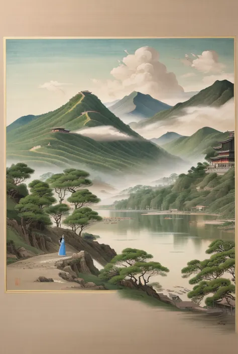 masterpiece, best quality:1.2, Spectacular landscape painting, Close up portrait of , Inspired by a Thousand Mile Rivers, Fushikora Mountain Residence Map, Expression techniques of cirrus clouds, Flat Illustration, Traditional Chinese painting,  Chinese la...