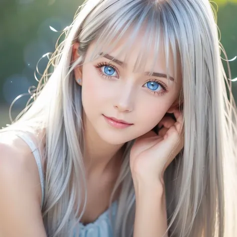  Shining,  clear ,  white skin、 windblown silver hair hiding her beautiful face 、、 cute sexy little beautiful face、Beautiful straight hair that stands out、growing up, Sparkling light blue eyes、Long, silky bangs that cover cute eyes,  sexy and cute young wo...