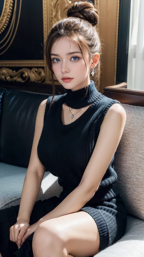 ((best quality)), ((masterpiece)), ((best quality)), ((masterpiece)), ((detailed)), Ridiculous resolution, high resolution, (masterpiece:1.4), Hyper-detailing, a european girl. (Necklace), ((Sleeveless wool black sweater)). (Black skirt). (Necklace), Sofa....