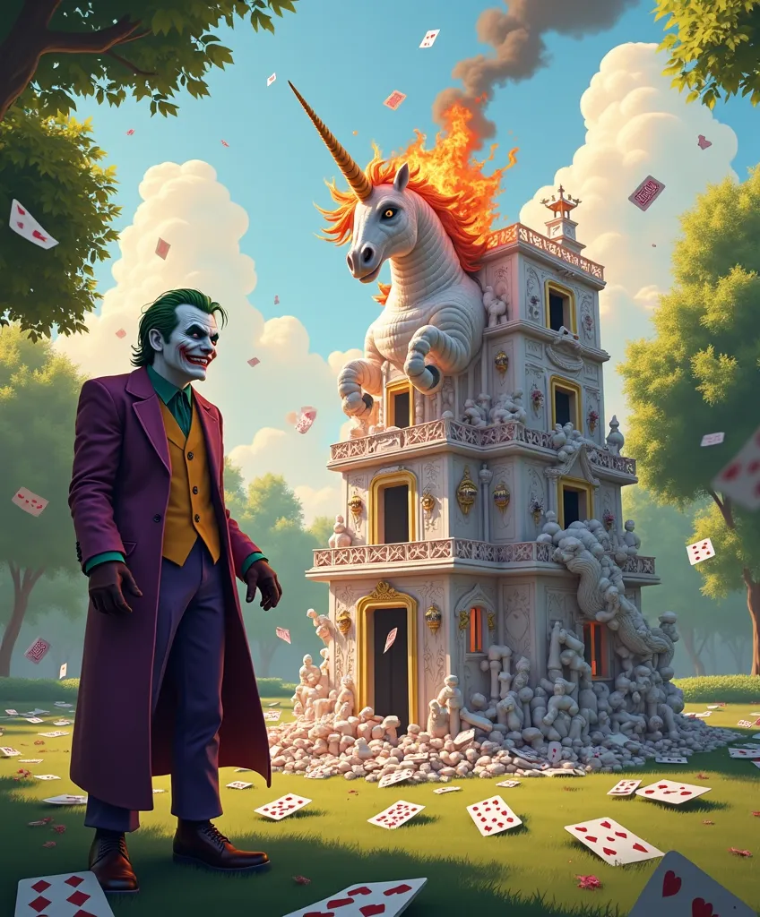 The Joker setting fire to Spider-Man's unicorn in a green and sunny park, exploding with happiness while admiring an ugly 50-meter house made entirely of playing cards. Around him, there are still piles and cards scattered on the floor, some flying through...