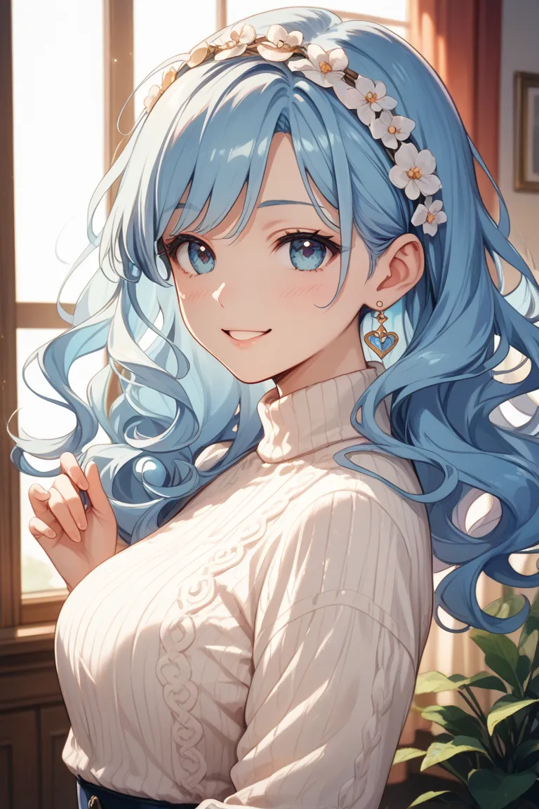 “A manga-style illustration of an elegant adult woman with a gentle smile. She has light blue, medium-length wavy hair with no bangs and wears a delicate headband. She is dressed in a light blue turtleneck sweater. The background is adorable and complement...