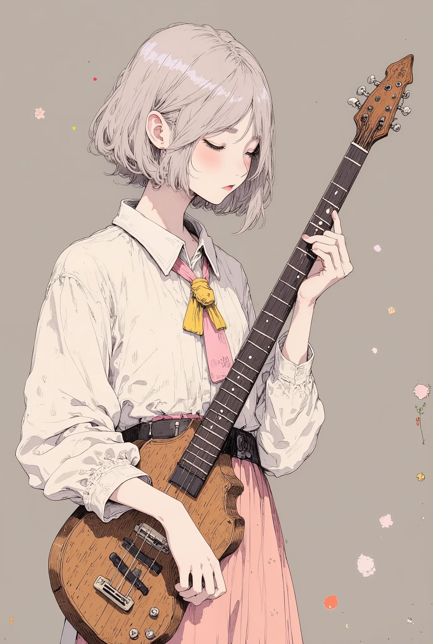 ((She is playing a wood bass, lightheartedly, with her eyes closed.)), quality, High Definition model, high detail, (((The textures are soft))), ((matte and toy-like with a handmade premium look)), (((Tim Burton style))), (((profile))), side view, from sid...