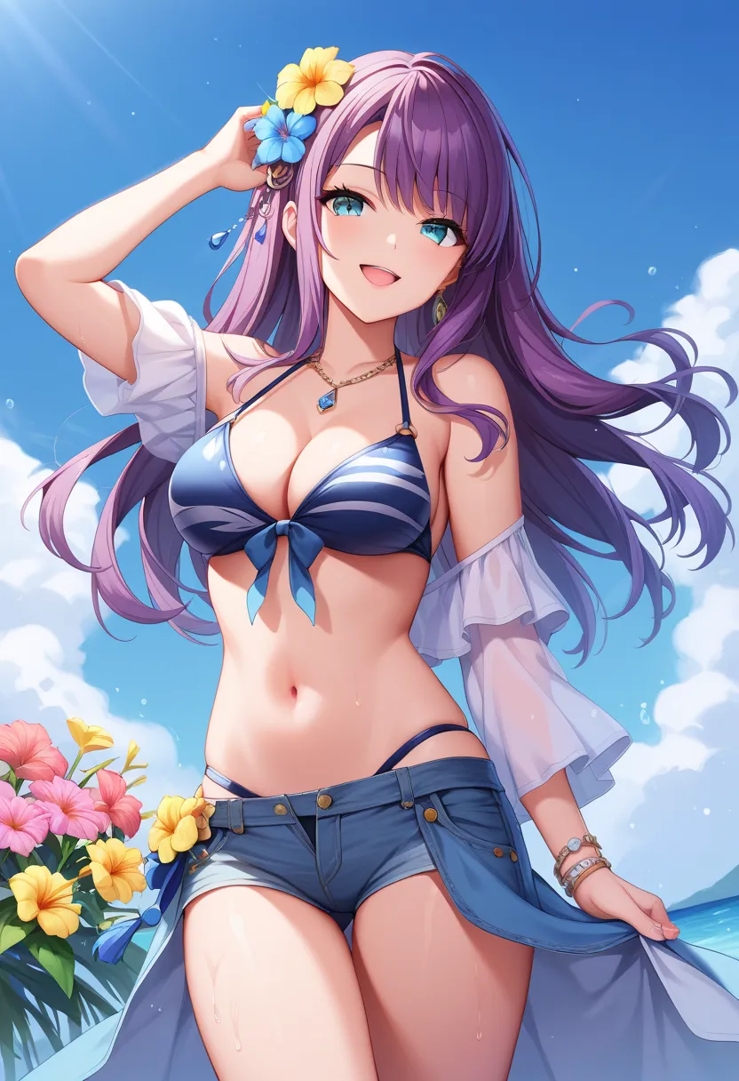 score_9_up, score_8_up, score_7_up,score_6_up, score_5_up, score_4_up, ,1girl, solo, dalia, 1girl, breasts, solo, flower, hair ornament, long hair, cleavage, hair flower, smile, dress, looking at viewer, jewelry, swimsuit, bikini, stage outfit, saori, 1gir...