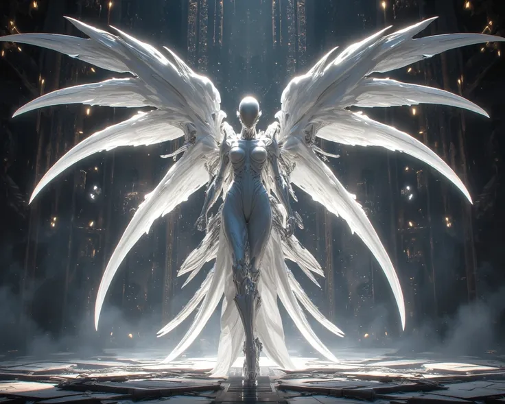 One alien angel, beautiful female form, slender big breasts, while spreading her abundant wings, higher intelligent life form, mysterious and graceful form, surrounded by dazzling light, high killing and murderous intent, altar in an alien temple.

Like a ...