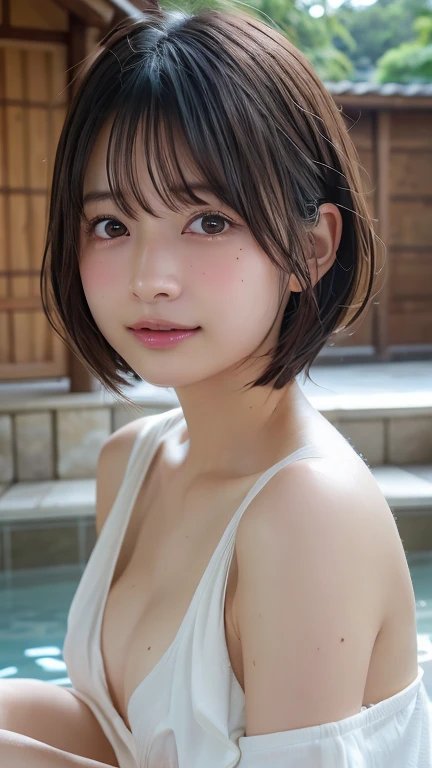 ( bob cut hair:1.2),(is wearing nothing、topless、 hide your body with a bath towel:1.3、hot springに浸かっているている:1.2),1 girl,Japanese, 24 years old ,(small breasts:1.3),(Top Quality,masterpiece:1.3,super A high resolution,),(super high resolution,caustics),(phot...