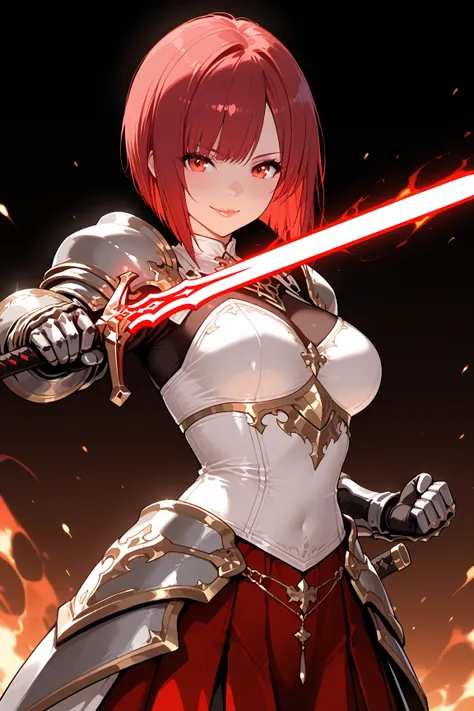 1girl ,natural face,eyelashes,lips gloss,, red hair,inverted bob, straight hair,asymmetrical bangs,  female swordmaster, red skirt, white bustier, gauntlets, beautiful smile, fighting pose, atttack stance, ascii art, lens flare, glowing sword, luminous dre...