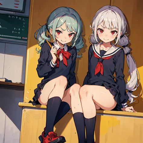 Young girl with grey hair, ((fringed and curly hair)),((curly short twintail)), curly hair ,(red eyes),((small bushy eyebrows)), wearing gothic lolita clothing, lolicon , to school,((bored eyes, bored face)), walking to school, in a classroom sitting with ...