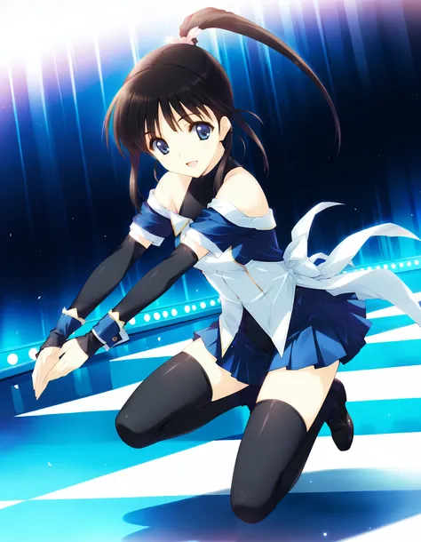 masterpiece,best quality,good quality,smile, looking at viewer, solo, anime coloring, ((sugiura_koharu)),sugiura_koharu\(white_album_2\),1girl,solo,black hair,ponytail,hair ribbon,blue eyes,open mouth,1girl,((stage costume,blue and white jacket,off-shoulde...