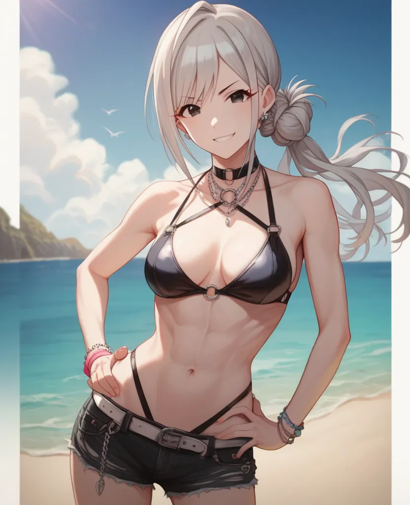 1girl, Shiomi Shuuko (The Idolmaster), long silver-white hair with side bangs, large black eyes, black bikini with simple design, slender physique with prominent cleavage, very pale skin, standing casually with one hand on hip, provocative smirk, sharp and...