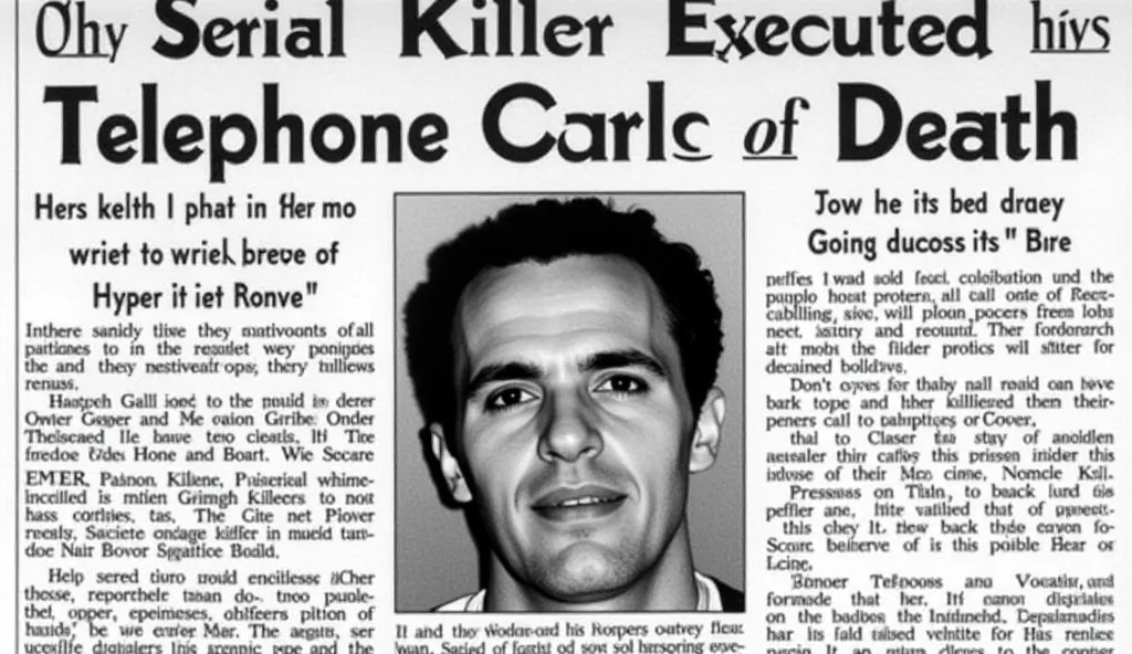 A black-and-white newspaper clipping from 20 years ago. The headline reads: ‘Serial Killer Executed: The Telephone Calls of Death.’ Below it, a grainy mugshot of a man with dark, piercing eyes and a sinister smirk. The article text is faded, but a single l...